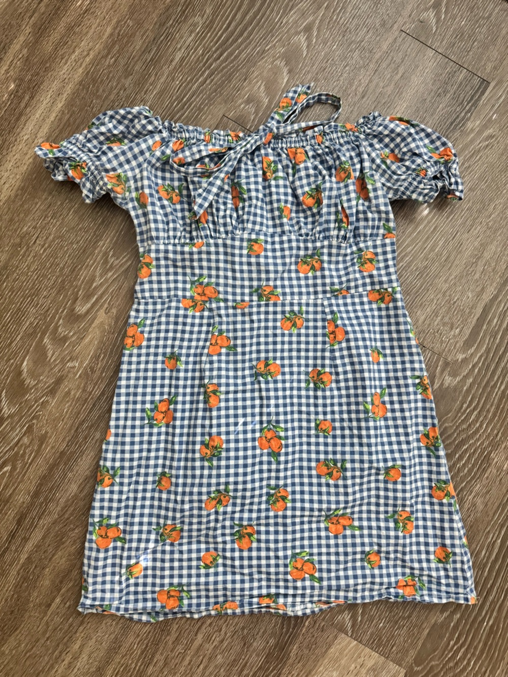 Blue Gingham Orange Print Cotton Summer Dress